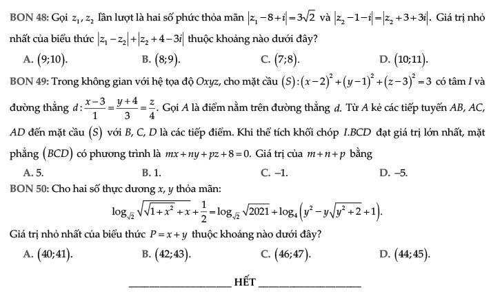 Đề thi thử THPT Quốc gia 2021 môn Toán tỉnh Thái Nguyên lần 2